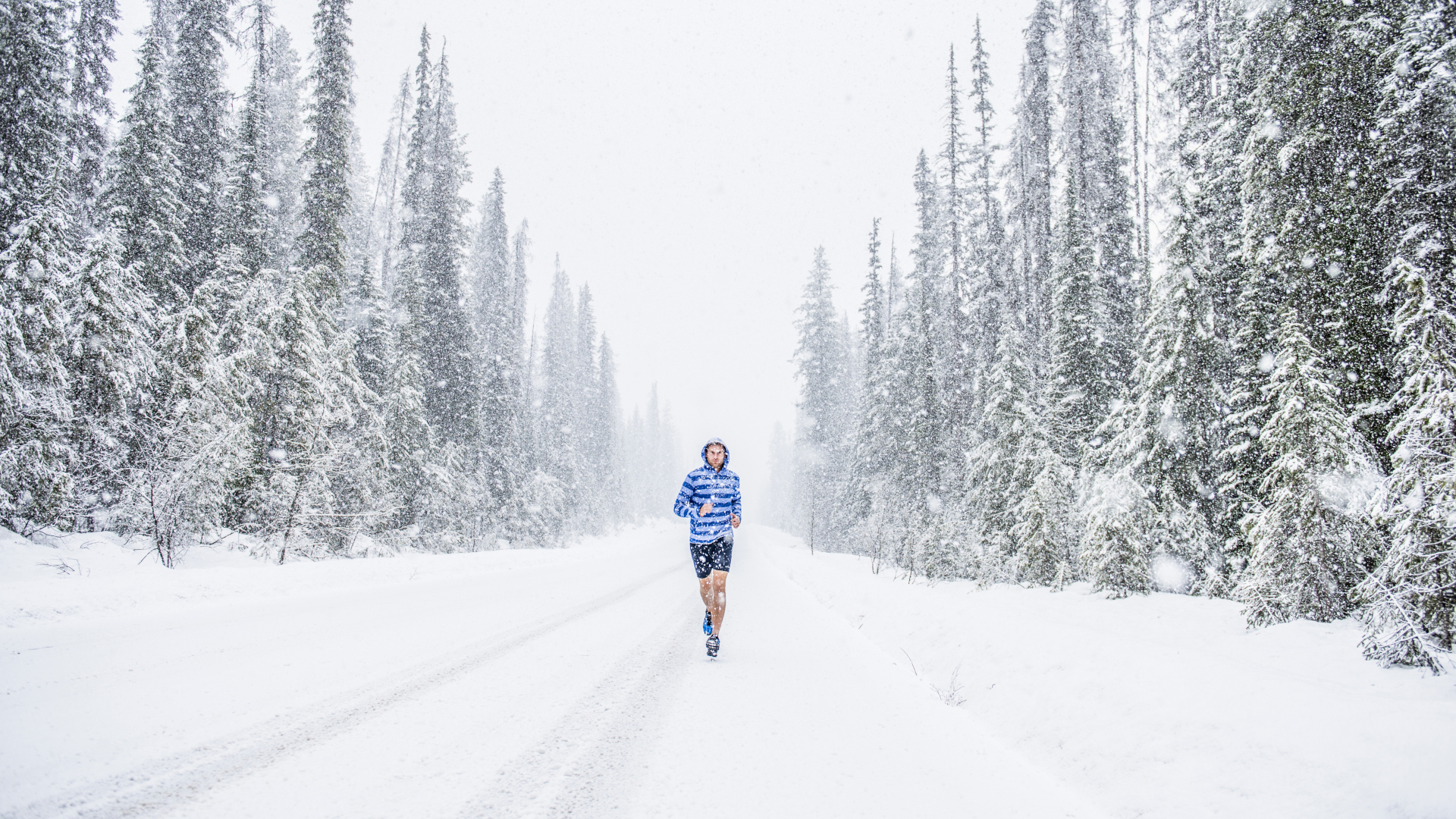 Un hombre corriendo entre pinos en la nieve.